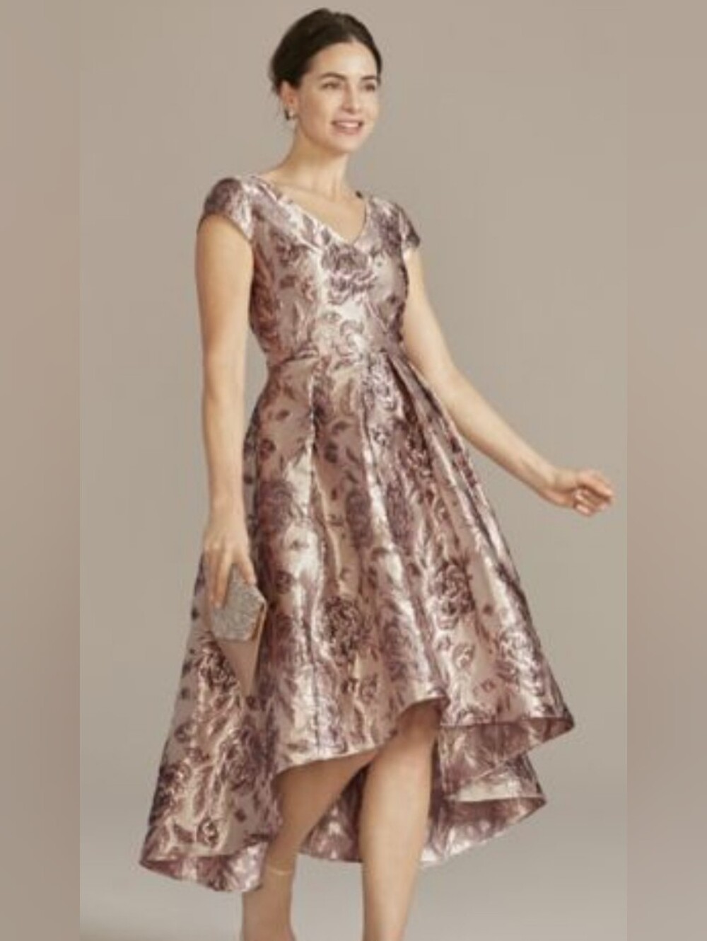 Oleg Cassini Metallic Rose High-Low Floral Brocade Dress